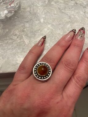 Sterling Silver Amber Cabochon Statement Ring - Brown